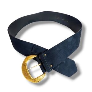 Black Suede on Vinyl Wide Gold Tone‎ Big Large Buckle Belt Size Small